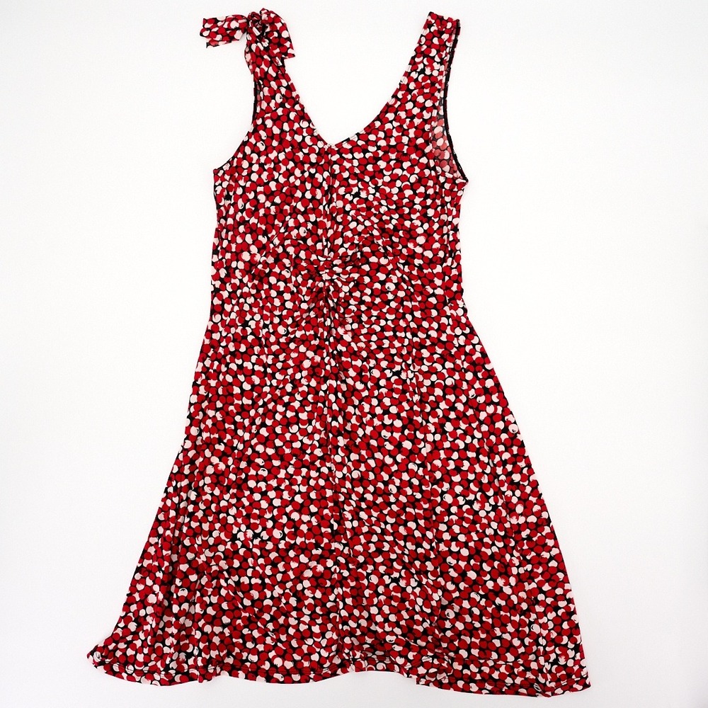 Vertigo Paris Red White & Black Dot Print Dress Ruched Bodice Shoulder Bow